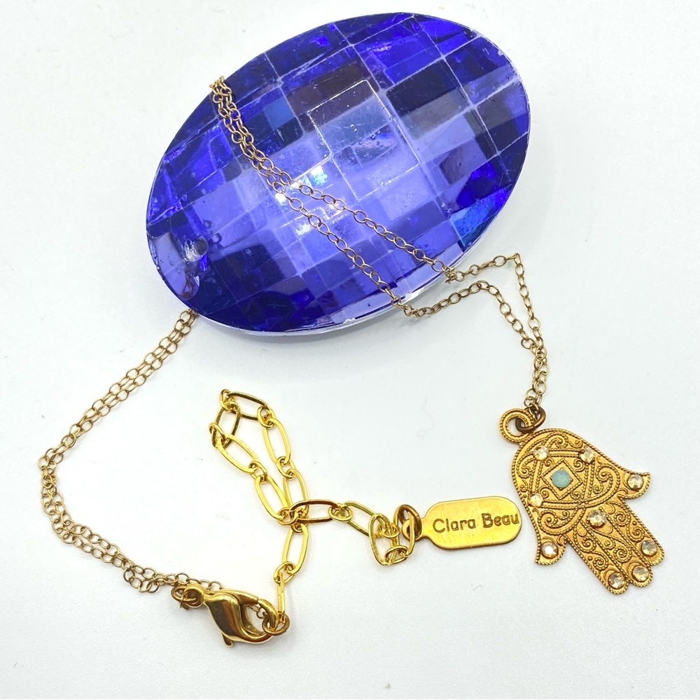 CLARA BEAU Gold Hamsa Hand Pendant On Gold Tone Chain Crystal 15"-19"